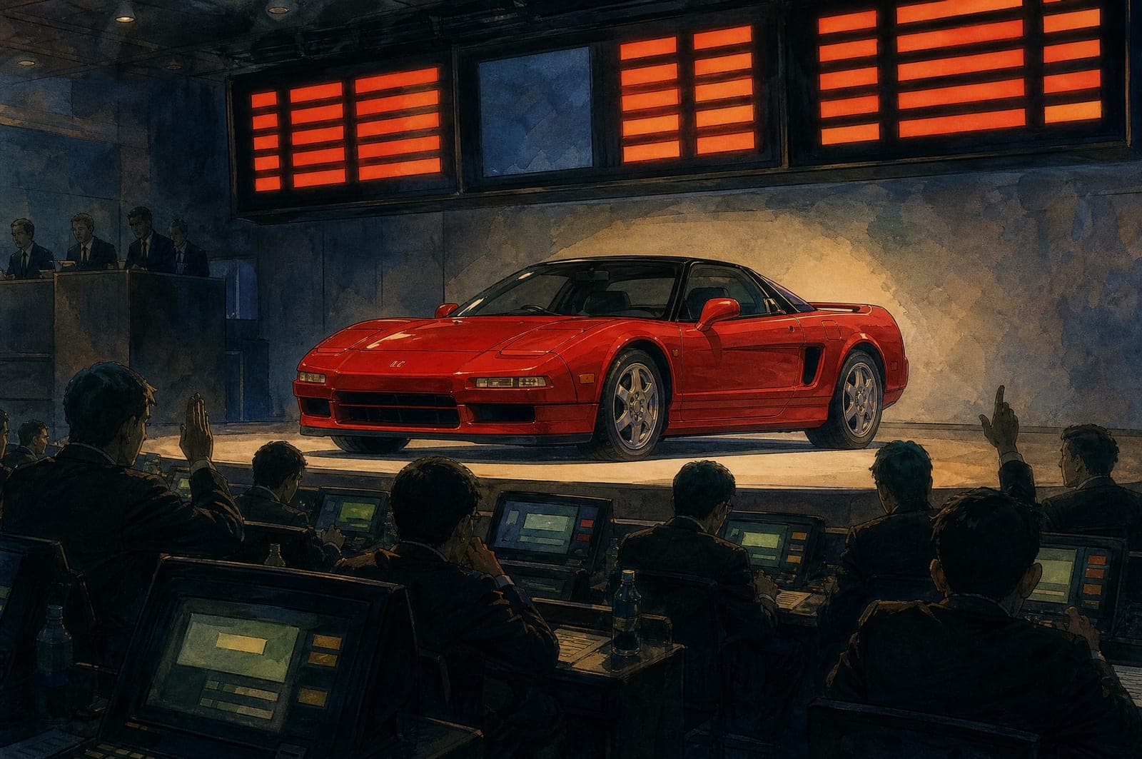 Illustration of a red Honda NSX crossing the auction stage under bid displays