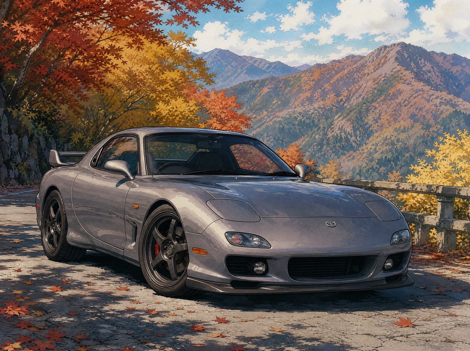 Illustration of a grey Mazda RX-7 FD on a mountain pass in autumn