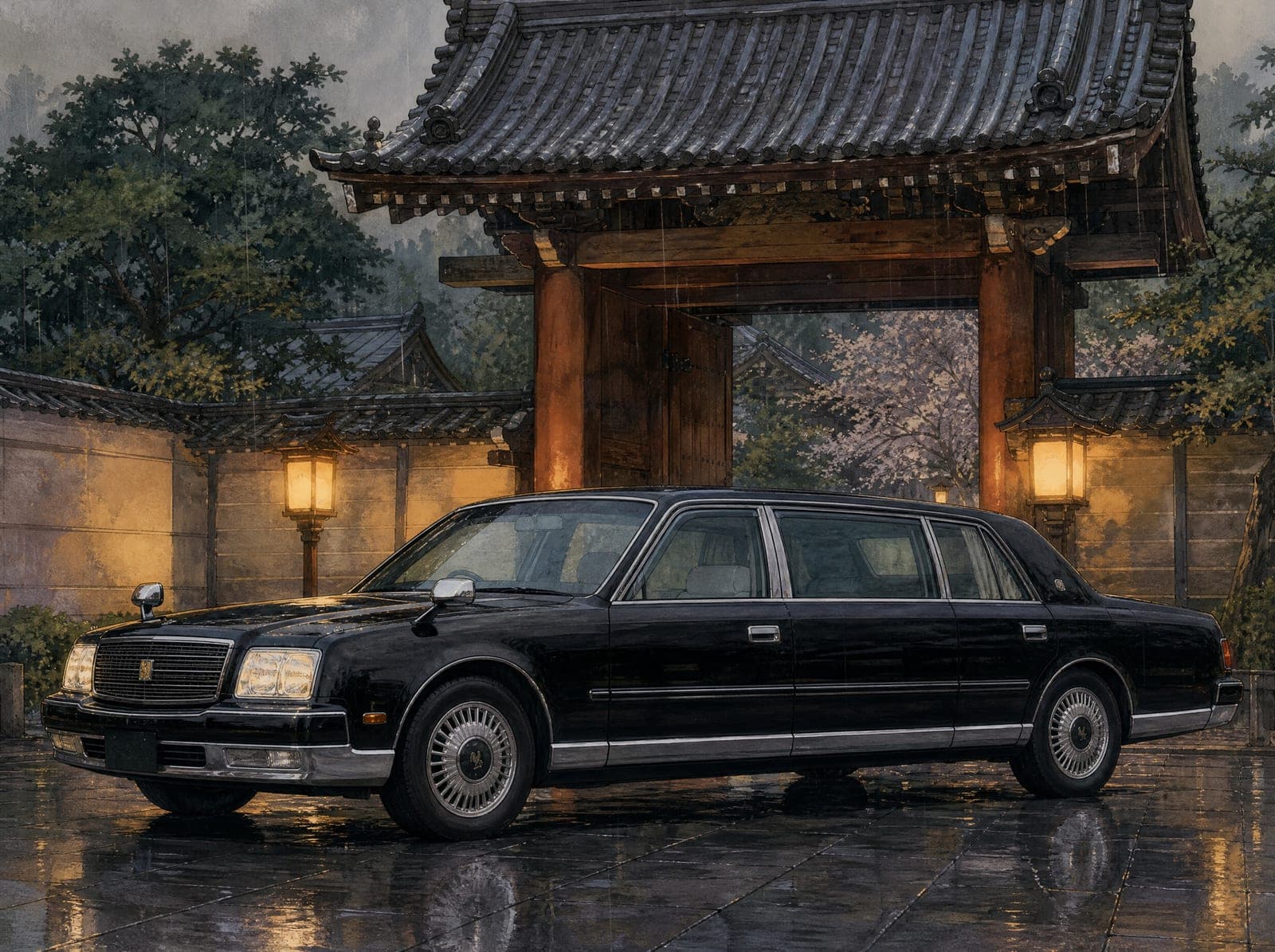 Illustration of a black Toyota Century in front of a Kyoto temple gate in rain