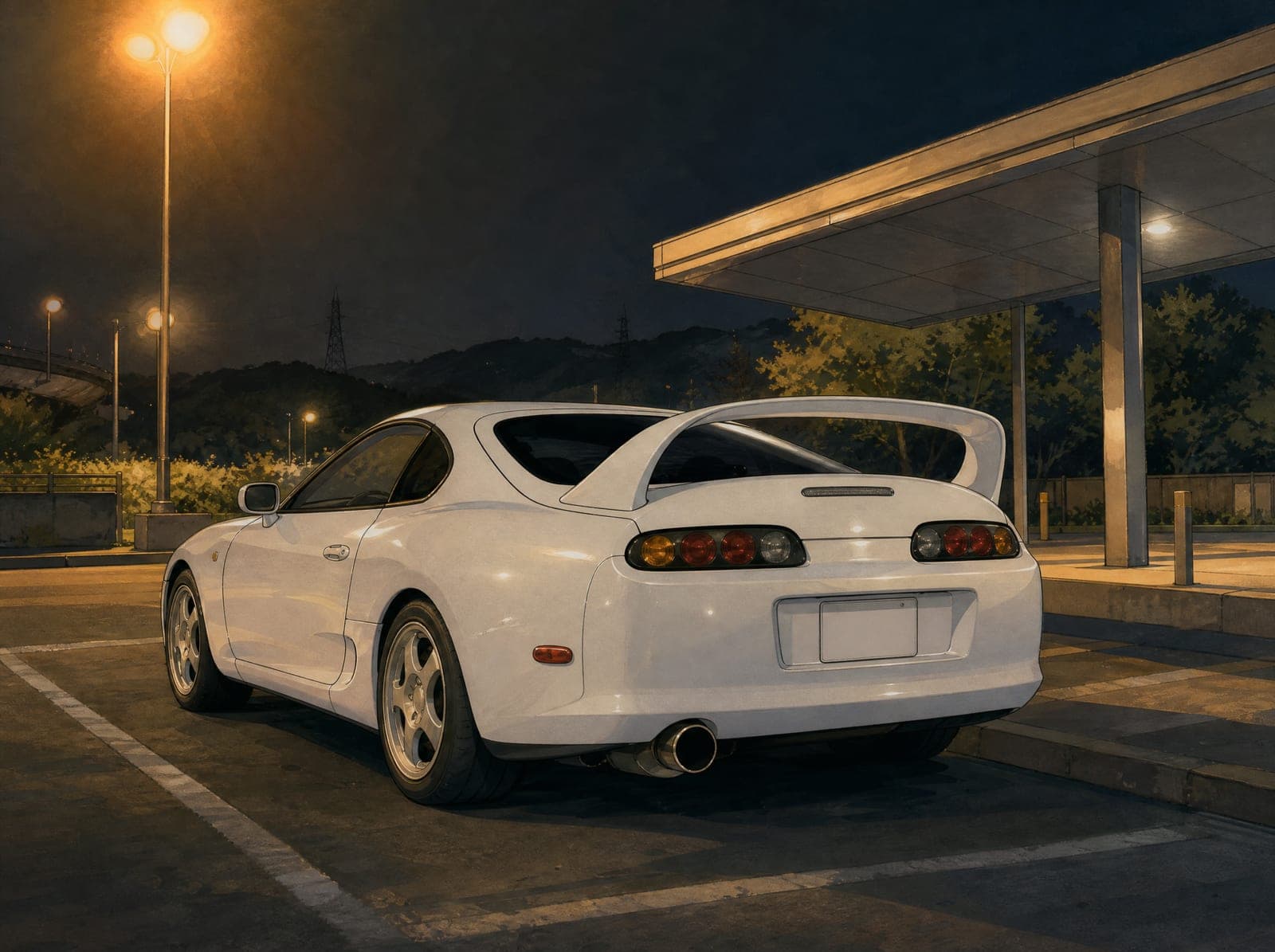 Illustration of a white Toyota Supra A80 at a Japanese expressway rest area at night