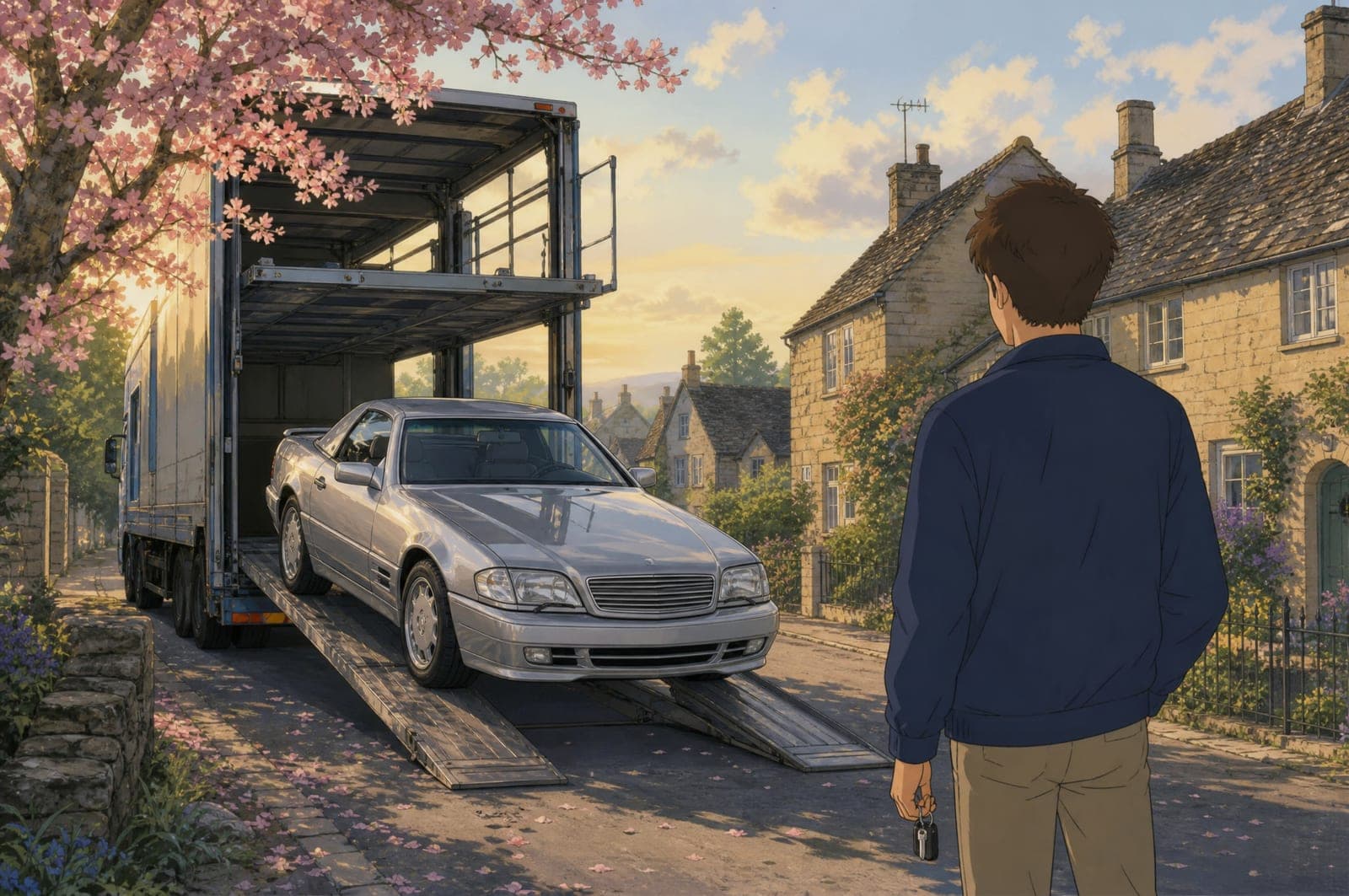 Illustration of a silver Mercedes SL being unloaded on a village street at dawn
