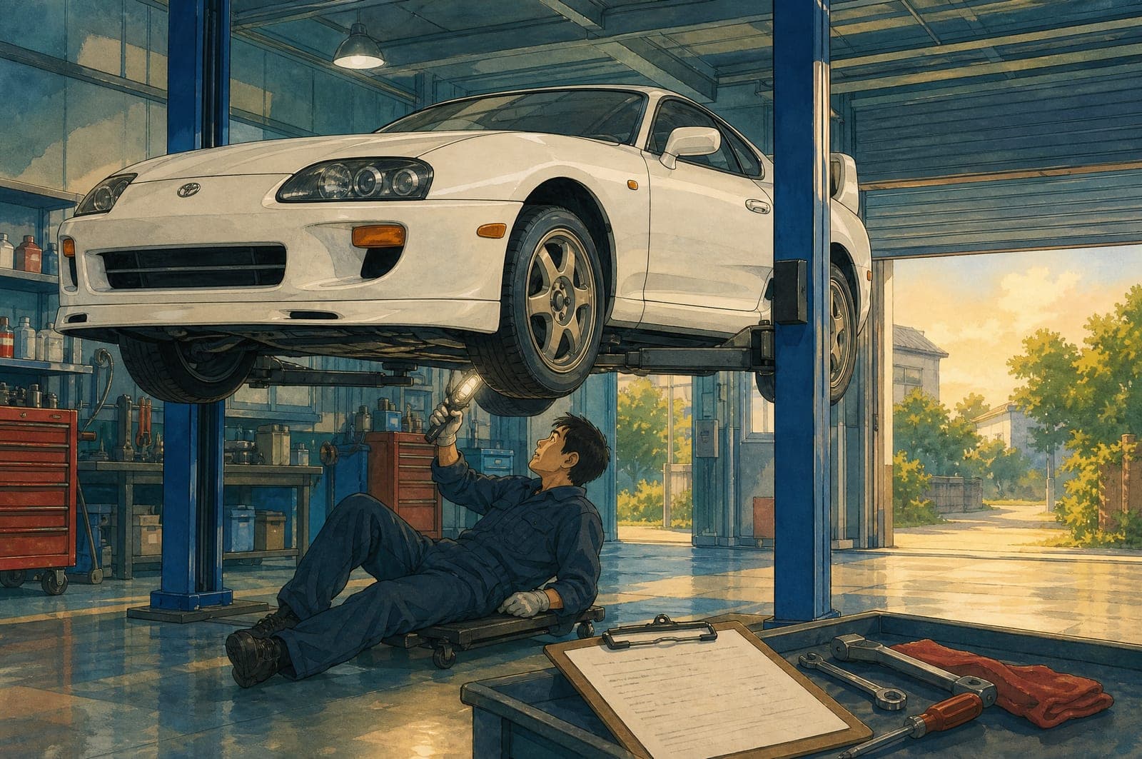 Illustration of a white Toyota Supra on a workshop lift with a mechanic beneath