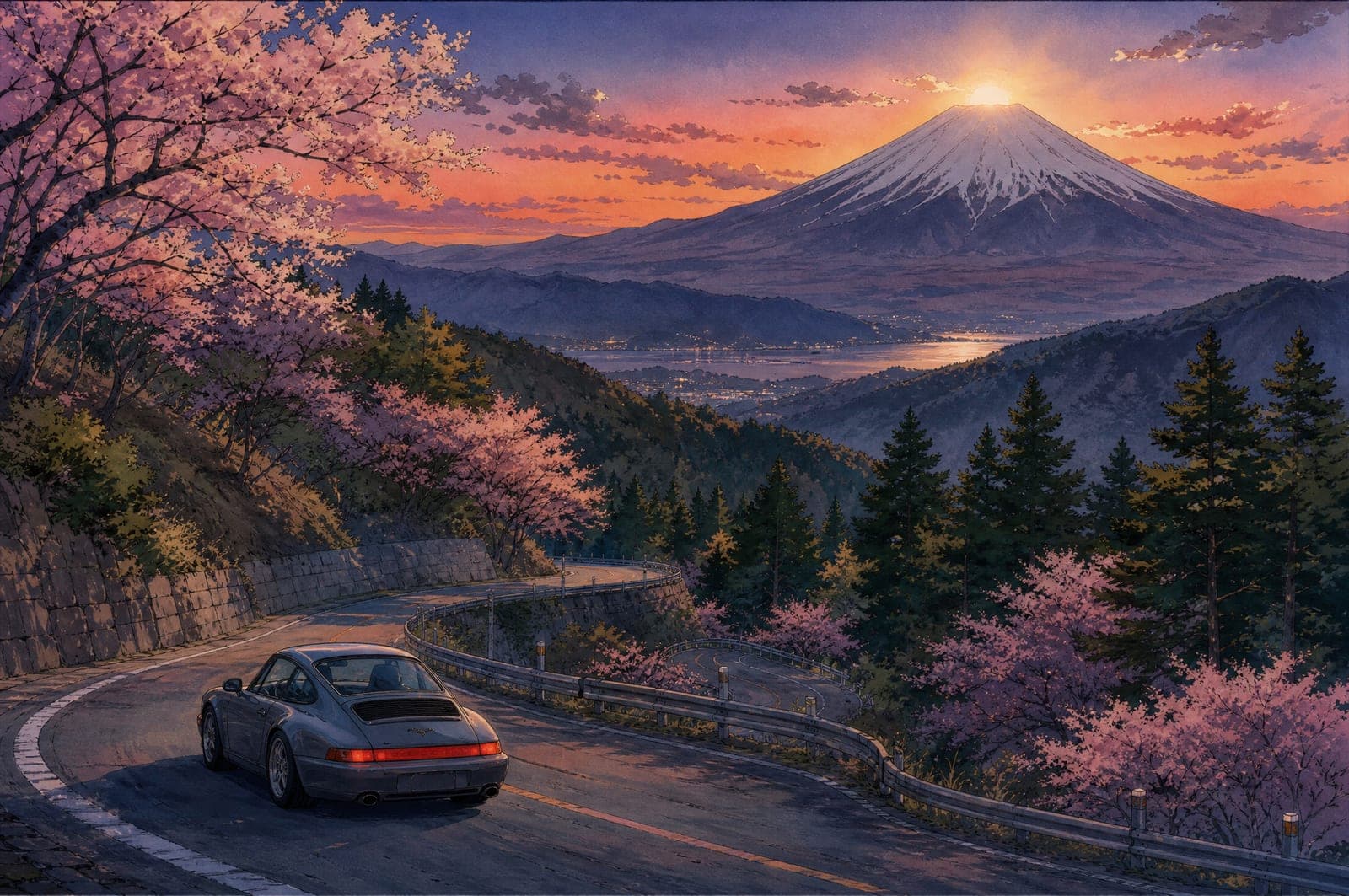 Illustration of a winding cherry-blossom mountain pass climbing toward Mount Fuji