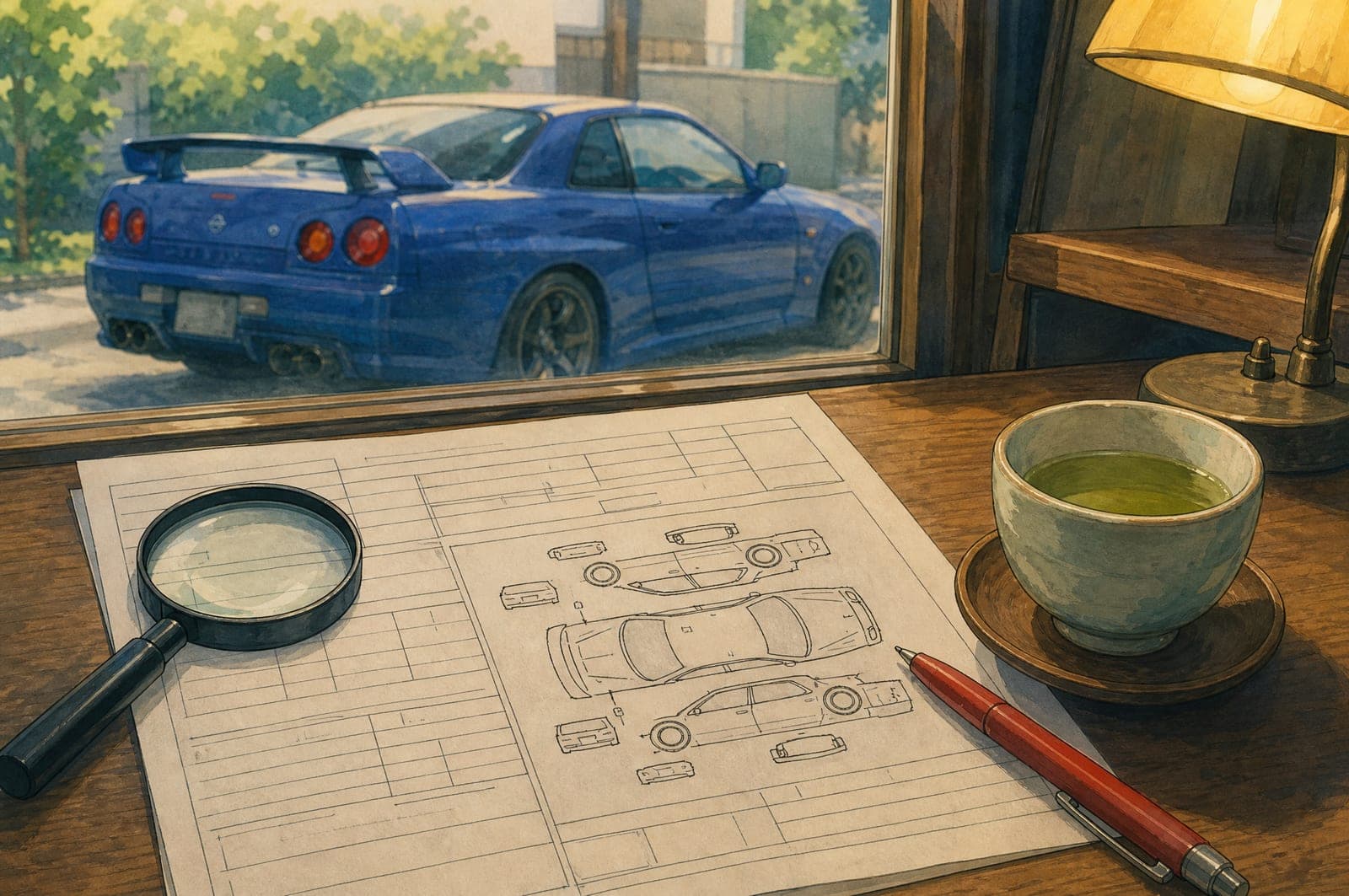 Illustration of an auction sheet on a desk beside green tea and a magnifier