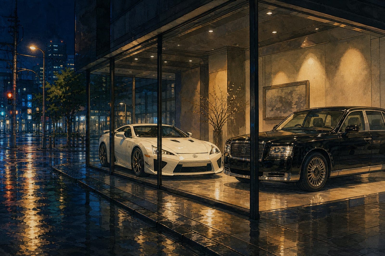 Illustration of a Japanese dealer showroom at night with a Lexus LFA and a Toyota Century